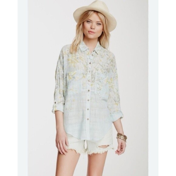 Free People S Slit Back Oversized Button Up floral boho blouse - Picture 1 of 11